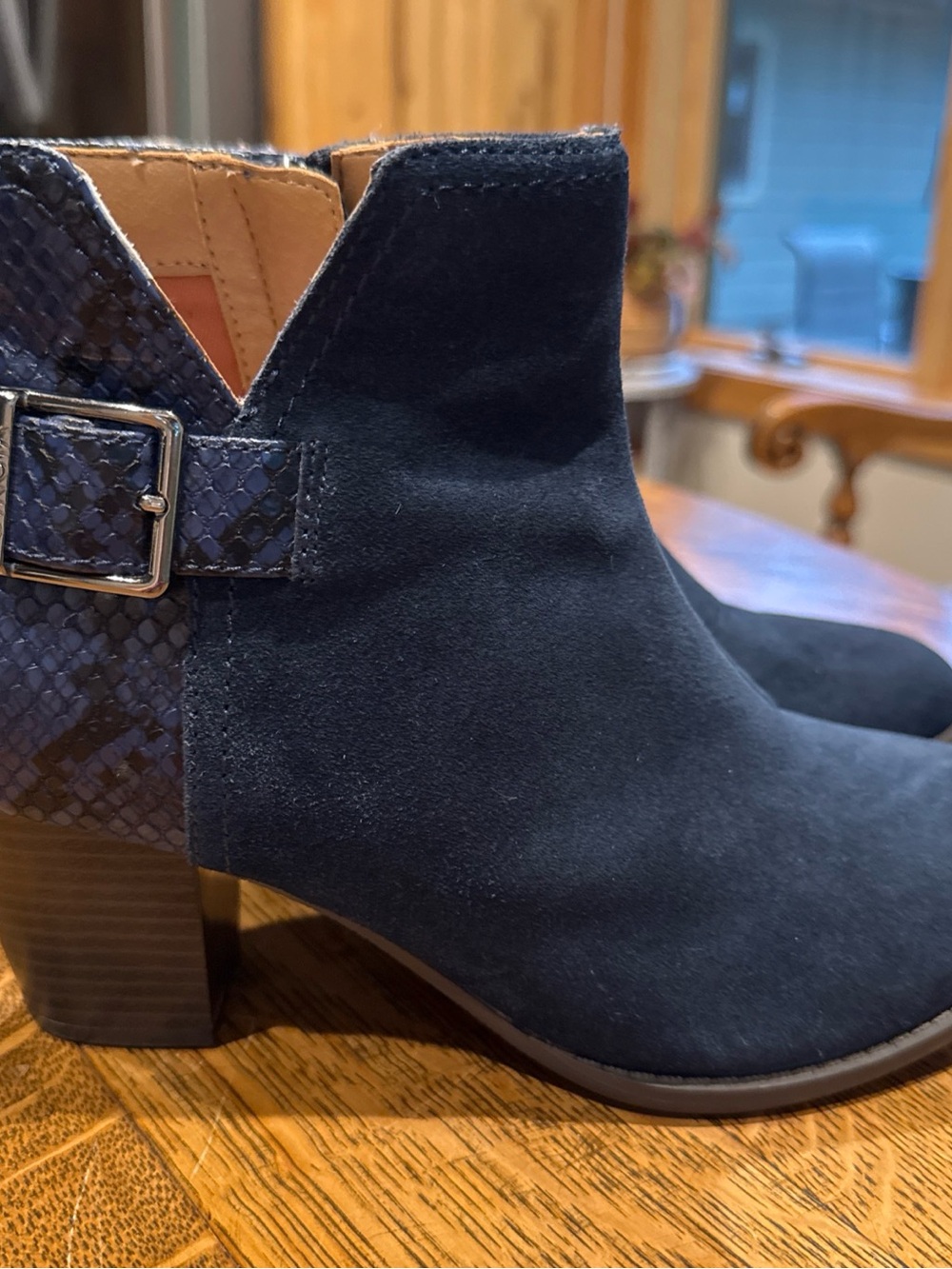 Vionic Navy Suede Ankle Bootie with Snakeskin Buckle Accent